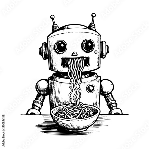 Robot eat noodle sketch engraving black and white outline. Scratch board imitation.  illustrated in vintage line art style on a white background.
