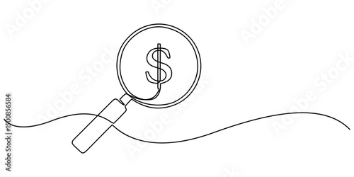 Continuous one line magnifier and dollar concept, Single one line drawing magnifying glass for zooming dollar symbol. Financial technology concept. Continuous line draw design graphic vector illustrat