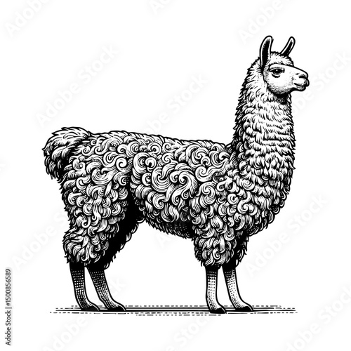 Llama sketch engraving black and white outline. Scratch board imitation.  illustrated in vintage line art style on a white background.