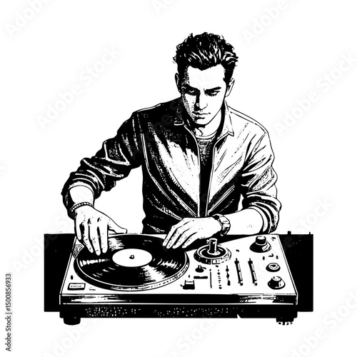 Man dj sketch engraving black and white outline. Scratch board imitation.  illustrated in vintage line art style on a white background.