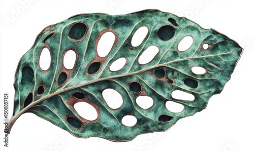 Teal leaf with holes, isolated, nature, botanical, design element