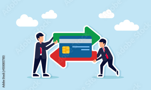 Two Businessmen Holding Opposite Arrows with Debit or Credit Card Illustration of Business Financial Inflow and Outflow