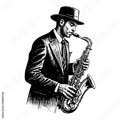 Man in suit playing saxophone sketch engraving black and white outline. Scratch board imitation.  illustrated in vintage line art style on a white background.