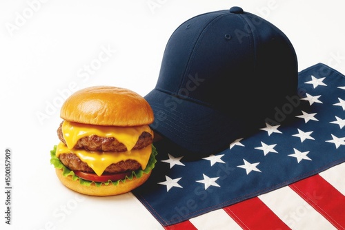 Double Cheeseburger in Baseball Glove on American Flag – Patriotic Ballpark Vibe