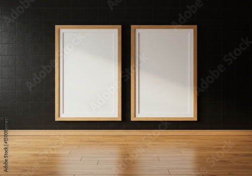 Two Wooden Frames Mockup On Dark Tile Wall And Wood Floor Photo