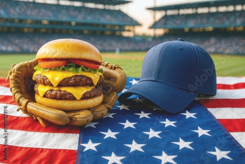 Double Cheeseburger in Baseball Glove on American Flag – Patriotic Ballpark Vibes