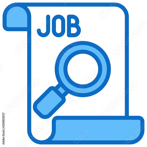 Job Search - Blue Fill Outline Icon - Job listing scroll with magnifying glass, representing employment search and job hunting tools