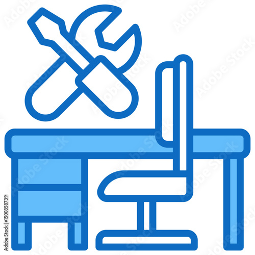 Workplace Skills - Blue Fill Outline Icon - Office desk with tools above, depicting essential skills needed in a real-world work environment