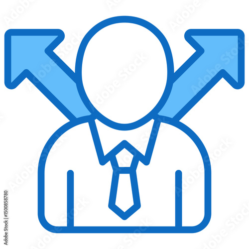 Career Direction - Blue Fill Outline Icon - A person with arrows pointing left and right, symbolizing career decision-making and choosing a path