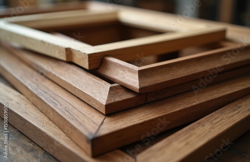 Closeup custom-made wooden picture frames in carpenter workshop. Pro woodwork, framing, art decoration. Focus on detail, texture, craftsmanship, timbering. Design concept, interior decor, handmade