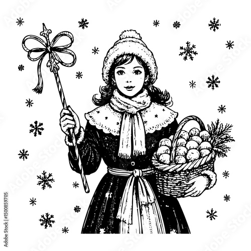 Woman wear winter clothes bring easter egg sketch engraving black and white outline. Scratch board imitation.