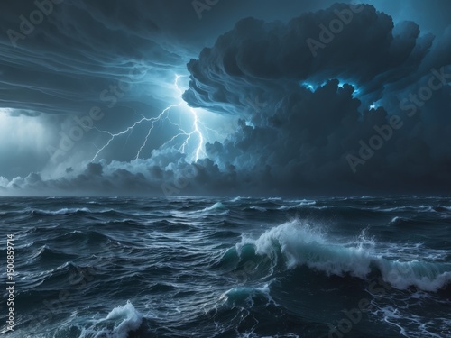 Dramatic Seascape with Lightning Storm Over the Ocean Waves Crashing and Dark Clouds.