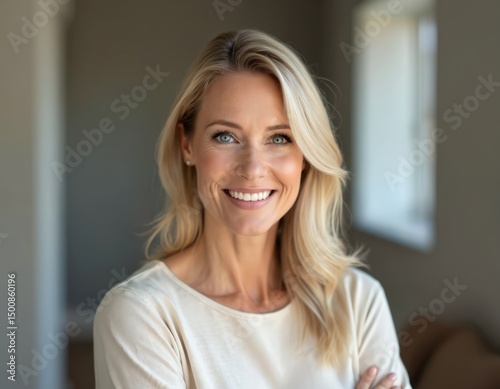 Elegant, mature blond woman smiles. She looks at camera. Portrait of mid-age female with healthy skin. Happy lady at home or in office. Joyful, cheerful person.