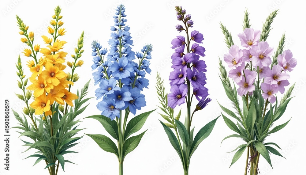 Fototapeta premium Set wild flowers isolated on white background. Watercolor painting floral composition of yellow blue purple pink flowers. Botanical illustration, collection for wedding decor, greeting cards design,
