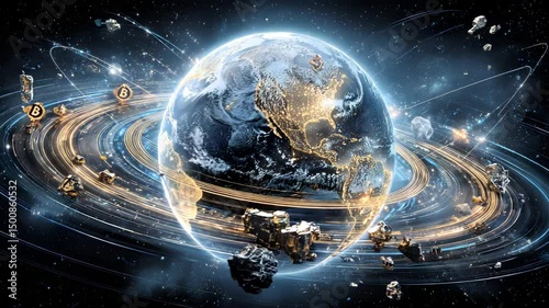Bitcoin and Digital Currency Orbiting Planet Earth Bitcoin orbit around Earth planet, digital gold Bitcoin Earth, crypto Bitcoin network on Earth Futuristic Financial System of Global Crypto Trade

