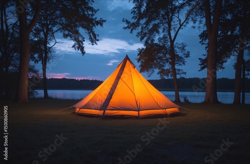 glowing tent in forest campground during twilight near lake surrounded by trees