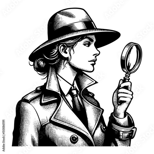 Woman detective hold magnifying glass sketch engraving black and white outline. Scratch board imitation.  illustrated in vintage line art style on a white background.