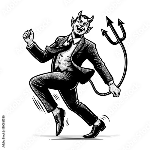 Satan dancing engraving black and white outline. Scratch board imitation.  illustrated in vintage line art style on a white background.