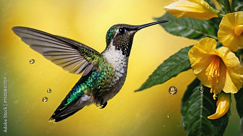 Fototapeta premium breathtakingly intimate, extreme close-up of a iridescent hummingbird, its delicate, emerald-green throat patch and slender, elongated wings a blur of motion as it hovers in mid-air, its bright