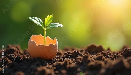 Tiny sprout emerges from cracked eggshell in rich soil bathed in sunlight. Concept new life. Symbol of growth spring and eco. Fresh start. New beginnings. Hopeful. Nature. Agriculture. Gardening. photo