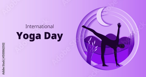 International Yoga Day. Horizontal template. Ardha Chandrasana pose. Half Moon pose. Paper cut design. Isolated vector illustration.