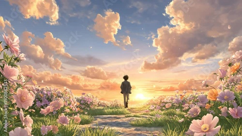 Dreamlike Nature Walk Through Sunset Blossoms man walking in sunset flower field, dreamy flower field sunset walk, sunset walk through flower field Poetic Landscape with Man in Flower Path