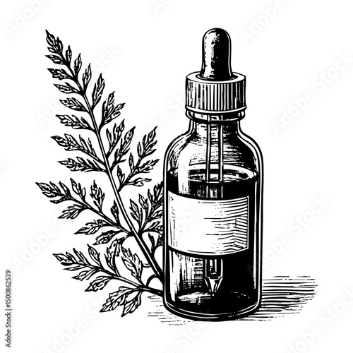 Medicinal herb with glass dropper bottle sketch engraving black and white outline. Scratch board imitation.  illustrated in vintage line art style on a white background.