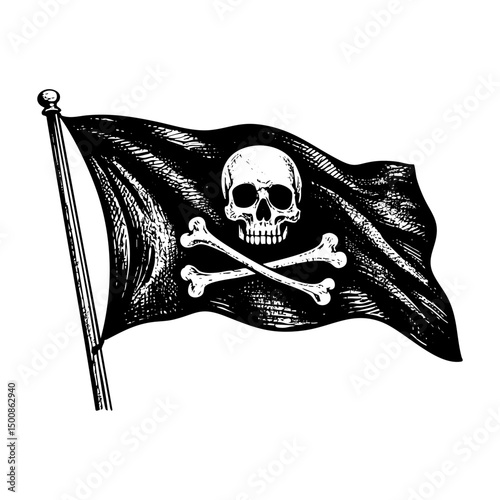 Pirate flag waving sketch engraving black and white outline. Scratch board imitation.  illustrated in vintage line art style on a white background.