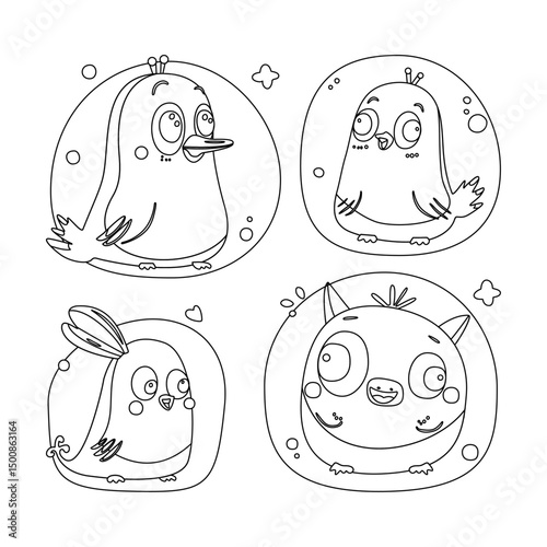 Cartoon vector illustrations, set of 4 birds, funny characters. Black and White