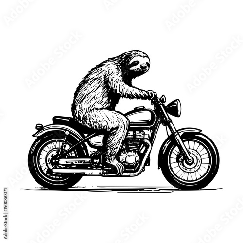 Sloth riding motorcycle sketch engraving black and white outline. Scratch board imitation.  illustrated in vintage line art style on a white background.