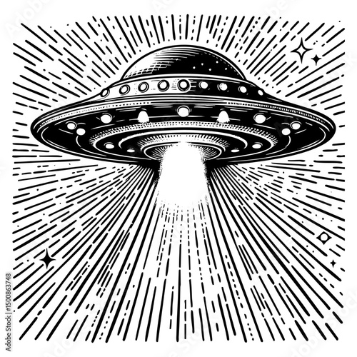 UFO sketch engraving black and white outline. Scratch board imitation.
