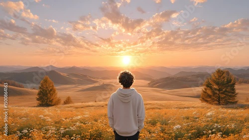Self-Reflection in Nature During Golden Sunset man looking at sunset in field, sunset field view with man, peaceful sunset with man in field Solitary Man Facing Horizon in Peaceful Meadow

