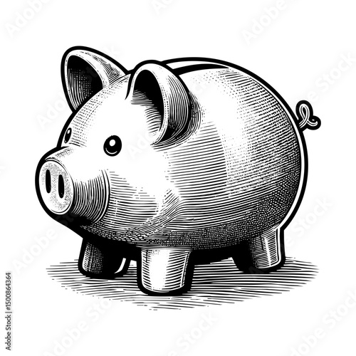 piggy bank sketch engraving black and white outline. Scratch board imitation.