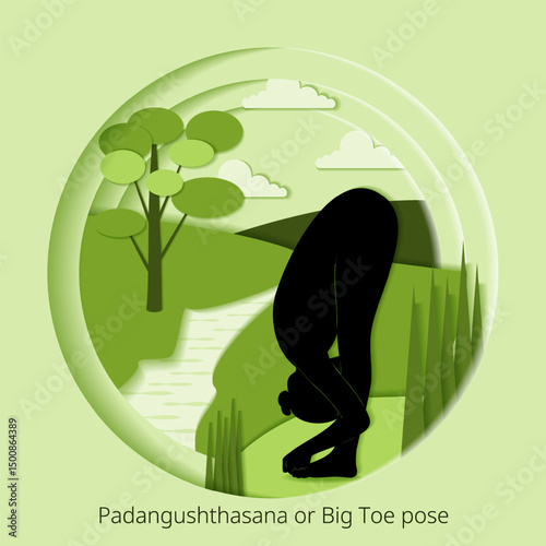 International Yoga Day. Padangushthasana pose. Big Toe pose. Paper cut design. Isolated vector illustration.