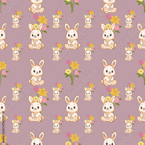 Little bunny with a bouquet of colorful flowers on a vintage purple background.