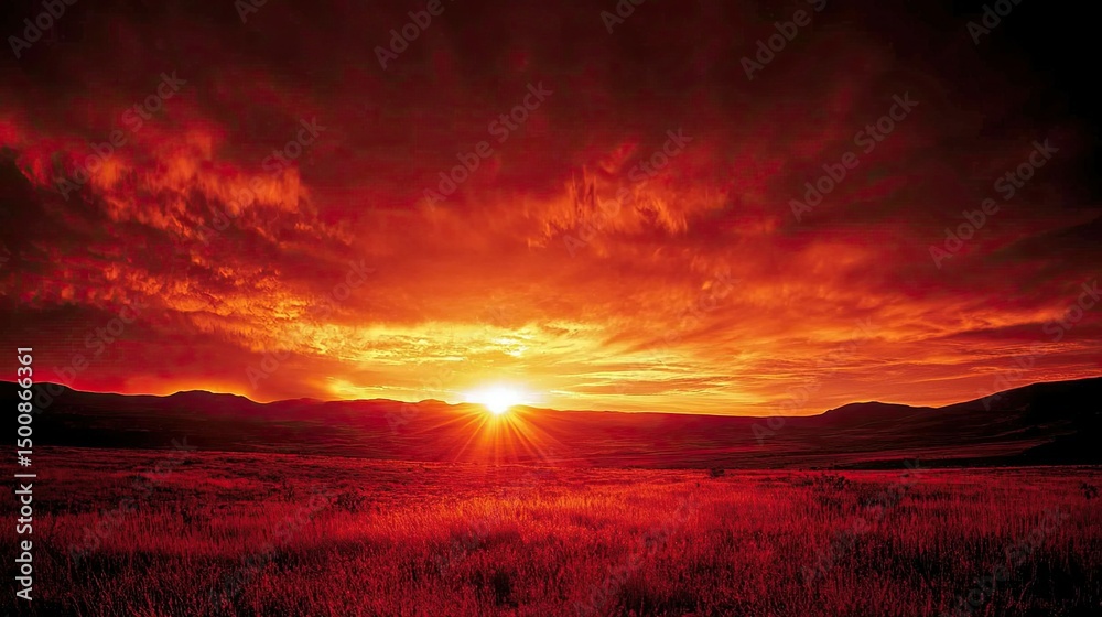 Obraz premium A vivid sunset over a field with hills and dramatic clouds creating a fiery and intense landscape