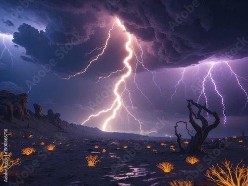 Desert Tempest. A Landscape Ablaze with Lightning, Eerie Illuminated Bushes, and Dark Clouds.