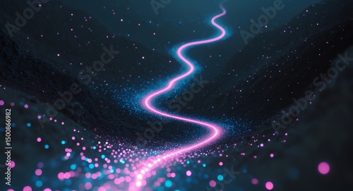 Glowing Trail Through Dark Landscape, Pink Light Amidst Blue Particles, Winding Path.
