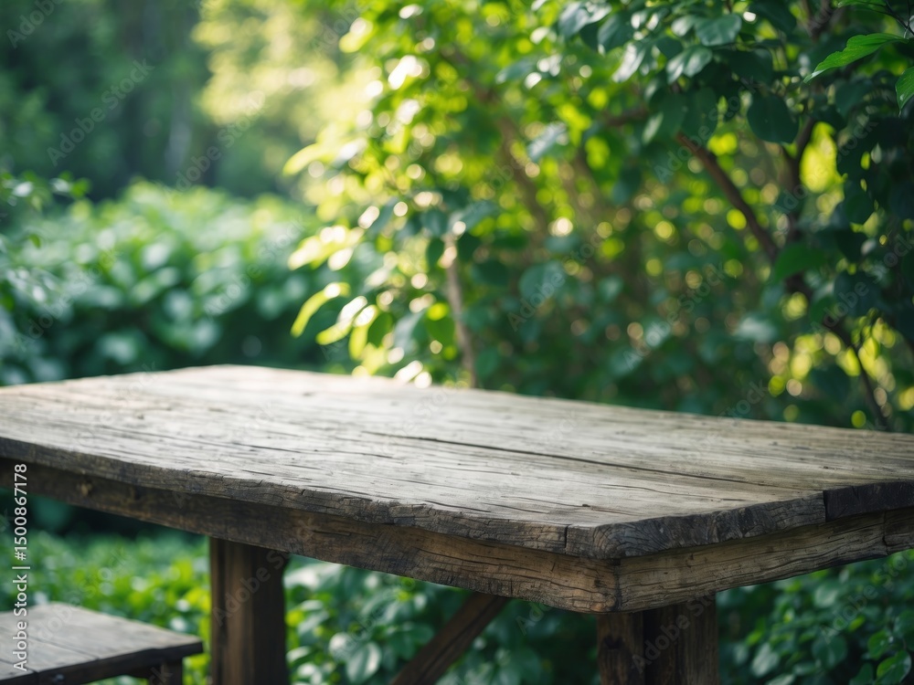 Fototapeta premium Rustic Wooden Table and Stool Set in a Lush Green Garden, Nature Background.