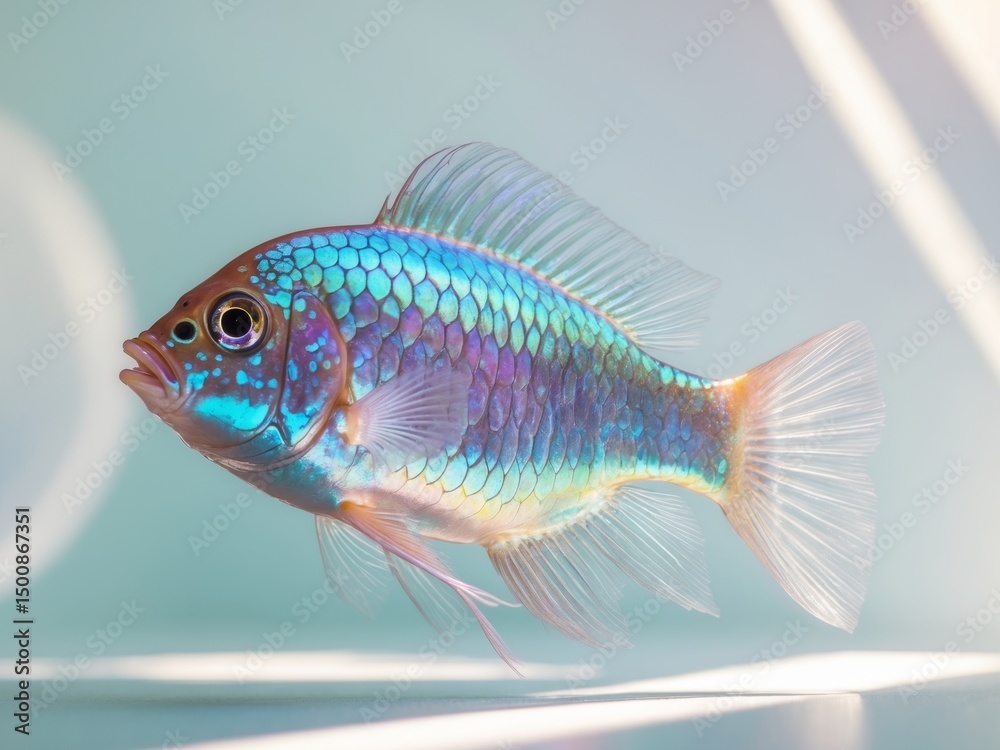 Iridescent Tropical Fish with Vibrant Scales and Translucent Fins, a Captivating Aquatic Scene. Iridescent Tropical Fish with Vibrant Scales and Translucent Fins, a Captivating Aquatic Scene.