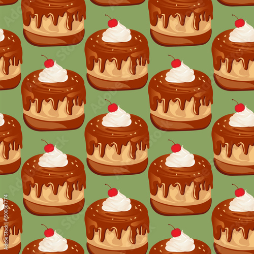 Seamless pattern for kitchen decor and more. Delicious chocolate cupcake with whipped cream and cherry. Vector cartoon illustration of sweet food.