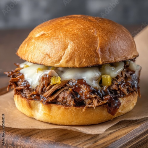 Juicy pulled pork sandwich, topped with melted cheese & pickled relish on a toasted bun photo