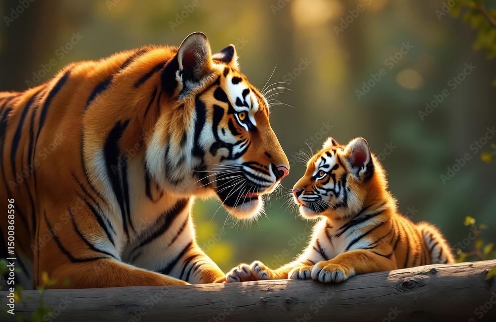 Obraz premium Tigress cub in jungle, lovely moment. Mother tigress and baby tiger on a wooden branch. Wild animals looking each other. Beautiful big cats close-up portrait. Family, love, nature, wildlife concept.