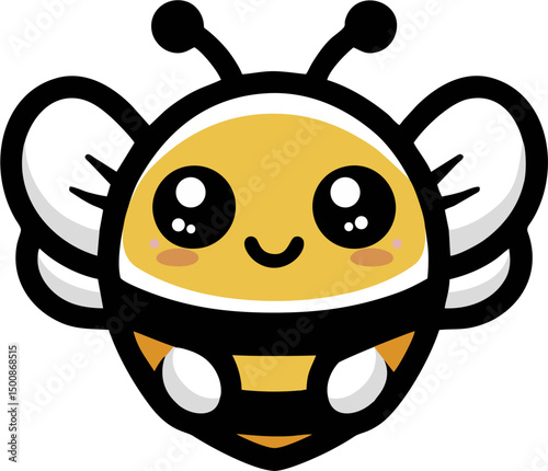 Adorable and cheerful cartoon bee vector illustration featuring a bright yellow body, large shiny eyes, rosy cheeks, and a happy smile.