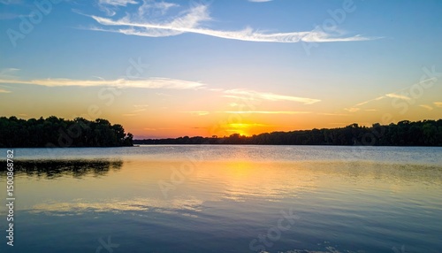 Sunset over a serene lake reflecting the orange glow, trees silhouetted on the horizon, wispy clouds above