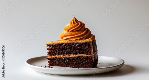 Decadent Chocolate Cake Slice with Caramel Frosting on a White Plate, Delicious Treat.