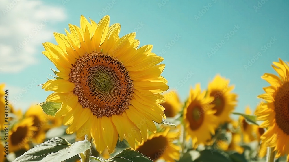 Obraz premium Vibrant sunflower in a sunny field close up view of a blooming sunflower under a clear blue sky