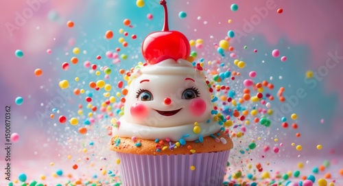 Whimsical Cherry Topped Cupcake with a Cheerful Face and Colorful Sprinkles.