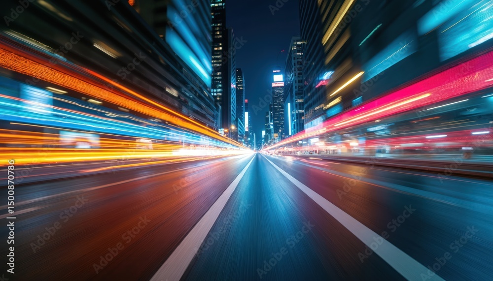 Long exposure captures urban night city lights. Dynamic motion blur trails vibrant streaks of colorful car traffic, neon signs, buildings. Fast pace downtown with glowing lights reflecting street. Long exposure captures urban night city lights. Dynamic motion blur trails vibrant streaks of colorful car traffic, neon signs, buildings. Fast pace downtown with glowing lights reflecting street.