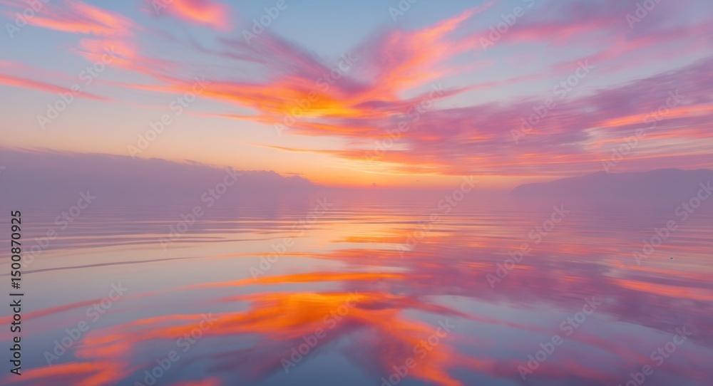 Fototapeta premium Breathtaking Sunset Reflection Over Calm Waters, A Peaceful and Colorful Landscape.